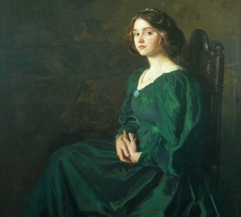 I wanted a painting of a woman in an emerald green dress & am quite satisfied with this one. Her face isn't exactly Scarlett, but then there is a sly look in her eyes which disturbs her whole demure posture. I like it!